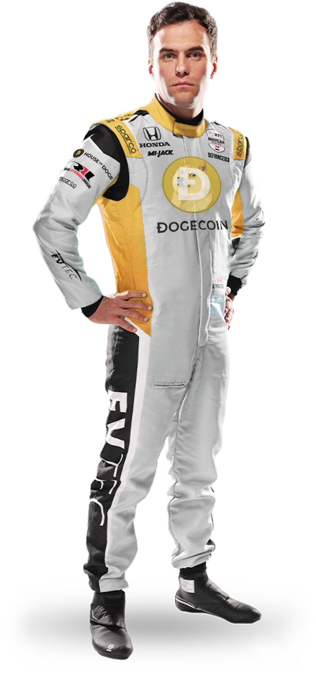 Devlin Defrancesco wearing Dogecoin racing suit